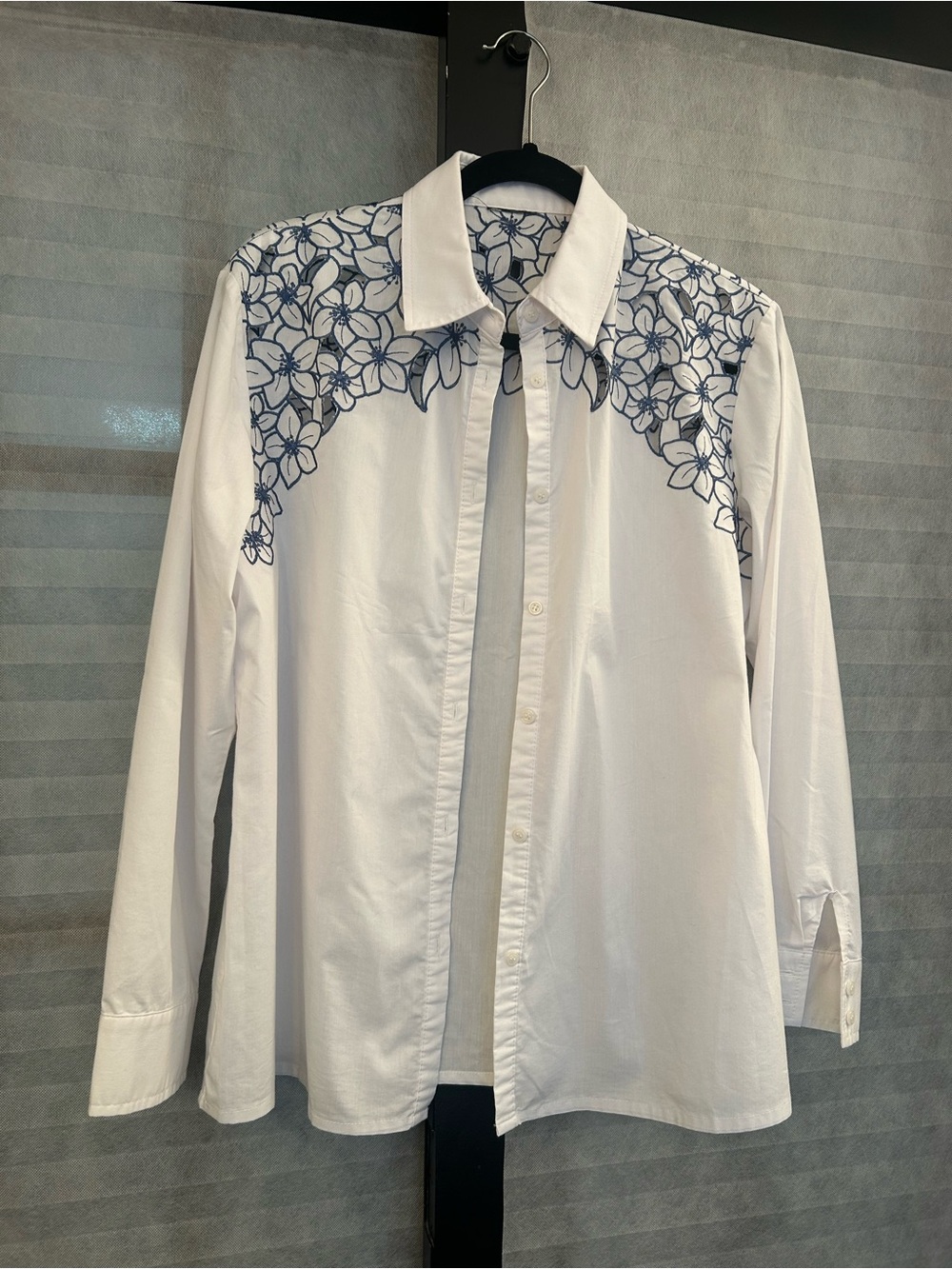 Laura White Button-Down Shirt with Navy Floral Shoulder Detail
